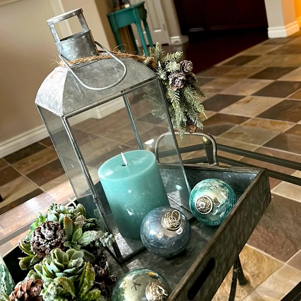 Pier1 farmhouse rustic boho large lantern in galvanized metal and glass